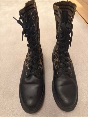 Fendi Black Leather and Brown Monogram Lace-Up Combat Boots